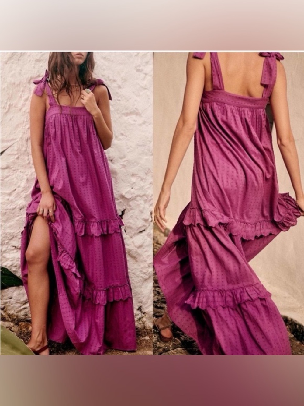 Sezane Purple Tie-Shoulder Tiered Maxi Dress